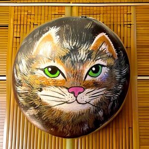 Hand crafted painted brown black white cat dried gourd decoration green eyes